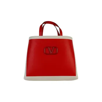Valentino Vlogo Leather Tote Bag Shopping Bag Handbag Regular Women's Red/Natural