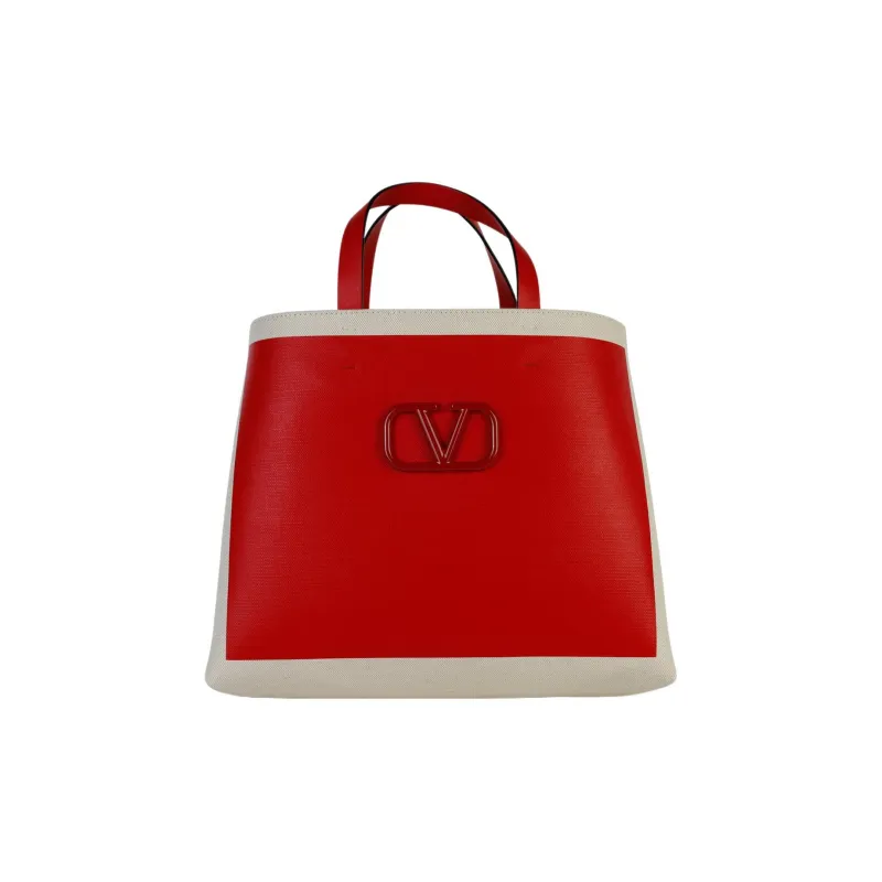 Valentino Vlogo Leather Tote Bag Shopping Bag Handbag Regular Women's Red/Natural-0