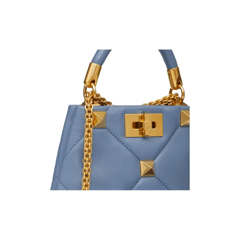Valentino Roman Stud Sheepskin One Shoulder Handbag Crossbody Bag Mini Women's Blue-4