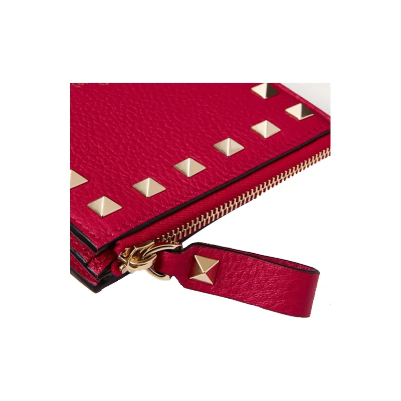 Valentino Rockstud Grained Calfskin Wallet Coin Purse Card Holder Small Size Women's Rose Red-4