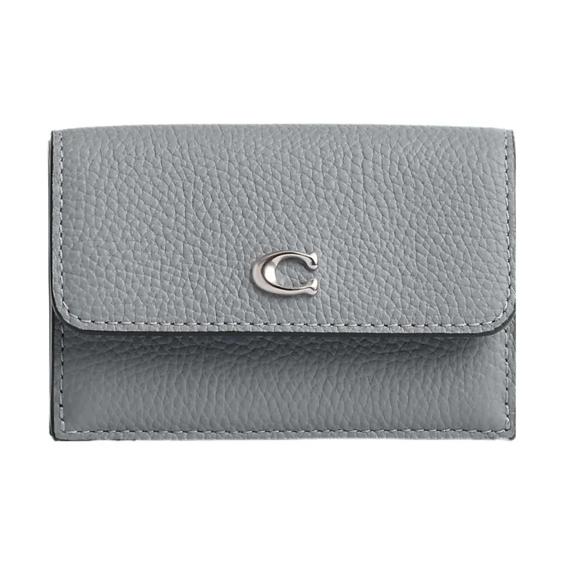 COACH Trifold Wallet Polished Pebbled Leather Coin Purses Wallets Mini Women's Gray-0