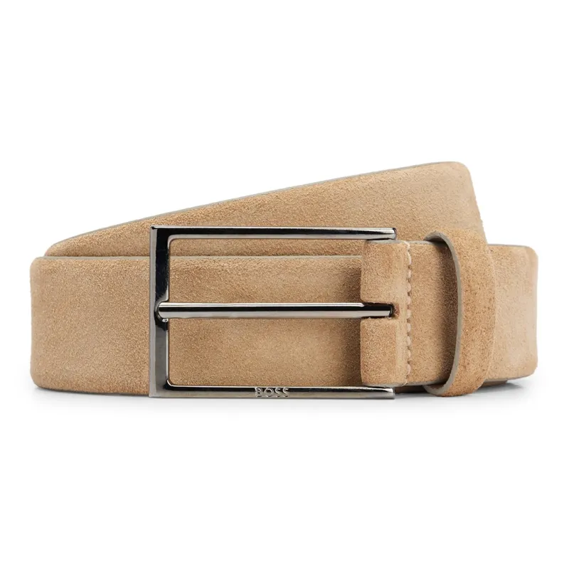 HUGO BOSS Logo Letter Emblem Engraved Pin Buckle Cow Leather Belts Men's Brown Width 3.5CM-0