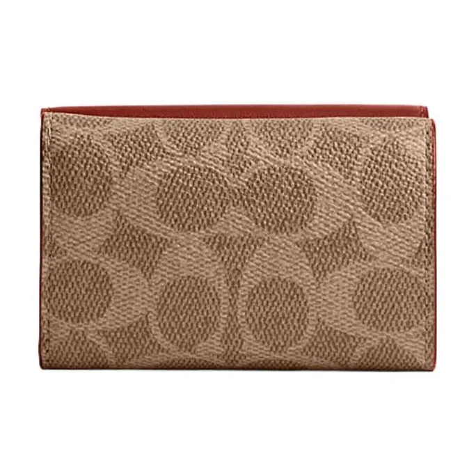 COACH Trifold Wallet Coated Canvas With Calfskin Coin Purses Wallets Regular Women's Brown & Khaki-3