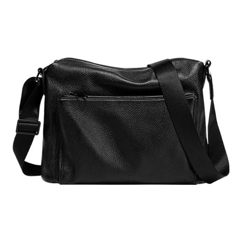 BJIAX Top Grain Cow Leather Crossbody Bag Men's Black-0