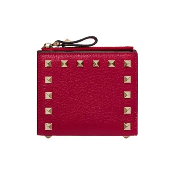 Valentino Rockstud Grained Calfskin Wallet Coin Purse Card Holder Small Size Women's Rose Red