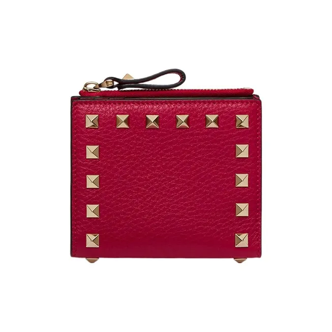 Valentino Rockstud Grained Calfskin Wallet Coin Purse Card Holder Small Size Women's Rose Red-0
