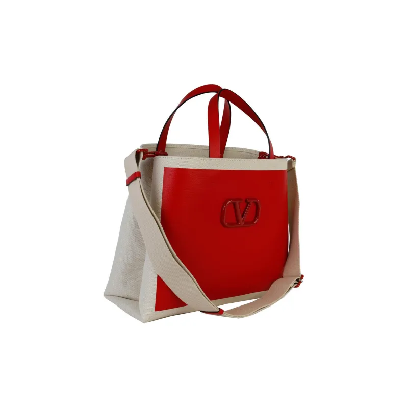Valentino Vlogo Leather Tote Bag Shopping Bag Handbag Regular Women's Red/Natural-1