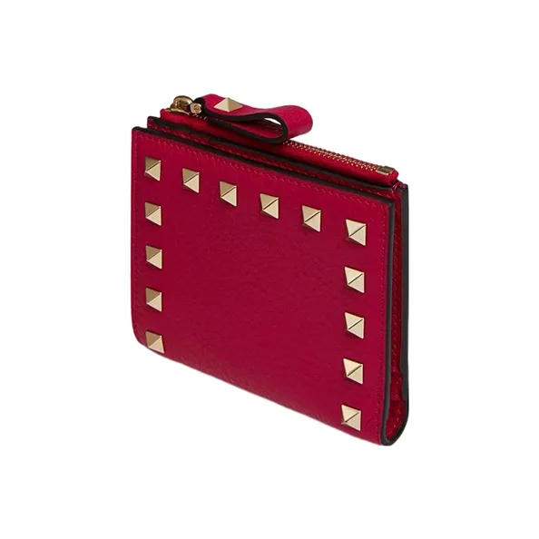 Valentino Rockstud Grained Calfskin Wallet Coin Purse Card Holder Small Size Women's Rose Red-1