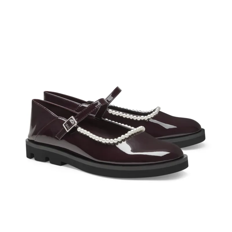 CHARLES&KEITH Mary Jane Shoes Women's Low Top Black Textured/Black/Maroon-6