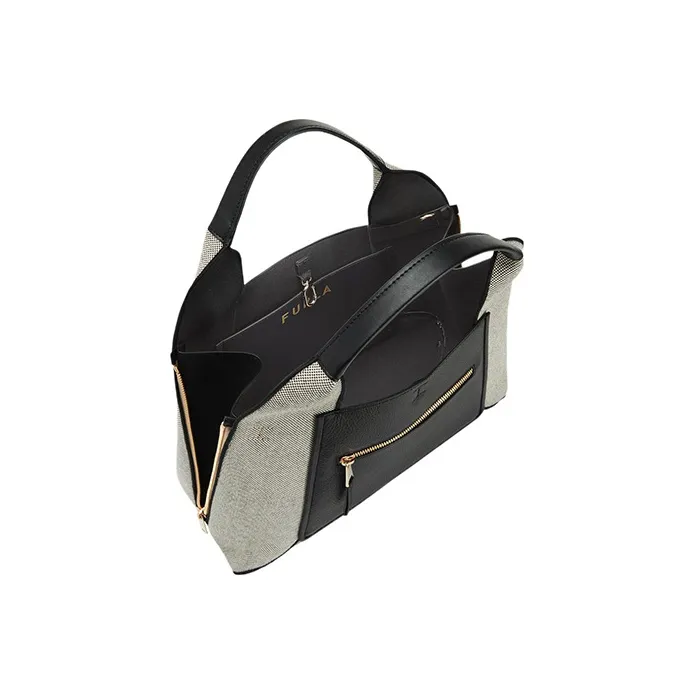 Furla Canvas With Calfskin Tote Bag Shopping Bag Shoulder Bag Crossbody Bag Handbag Large Size Women's Black/Gray-3