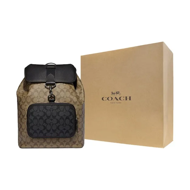COACH Sullivan Cow Leather Patchwork With Fabric Backpack Men's Khaki Mix Charcoal-5