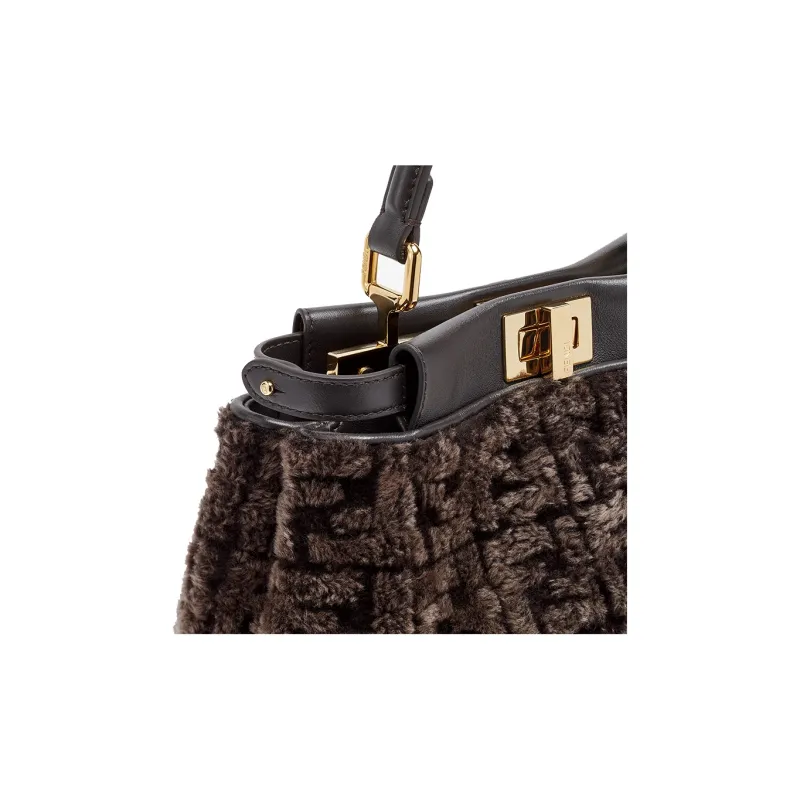 FENDI Peekaboo Sheepskin Lambskin Sheepskin Shoulder Bag Crossbody Bag Handbag Mini Women's Brown-4