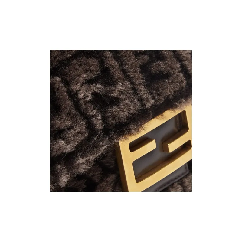 FENDI Baguette Sheep Wool And Lambskin Blend Portable Crossbody Bag Shoulder Bag Medium Size Women's Brown-4