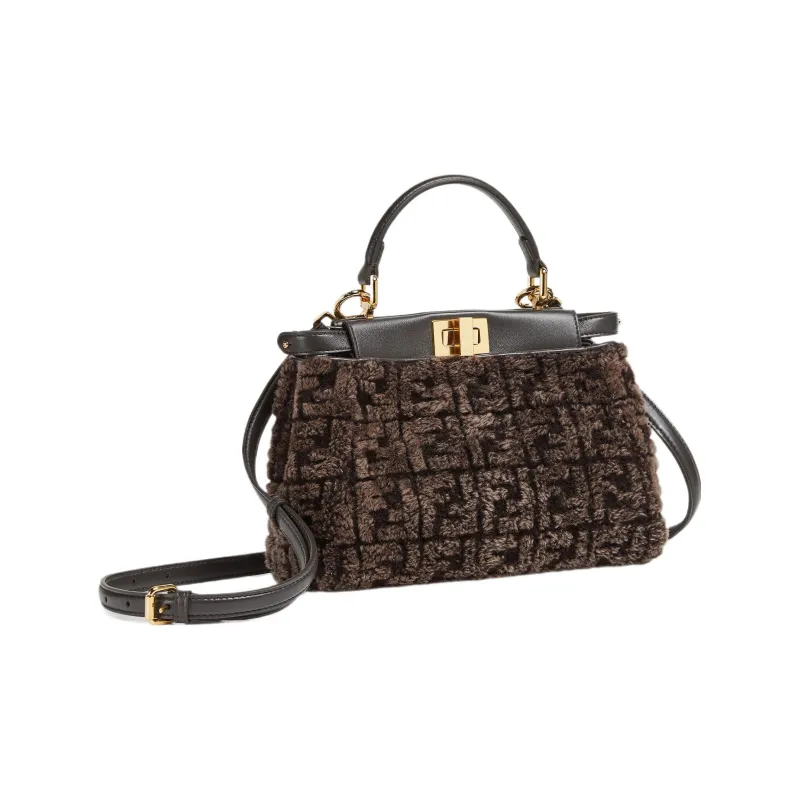 FENDI Peekaboo Sheepskin Lambskin Sheepskin Shoulder Bag Crossbody Bag Handbag Mini Women's Brown-1