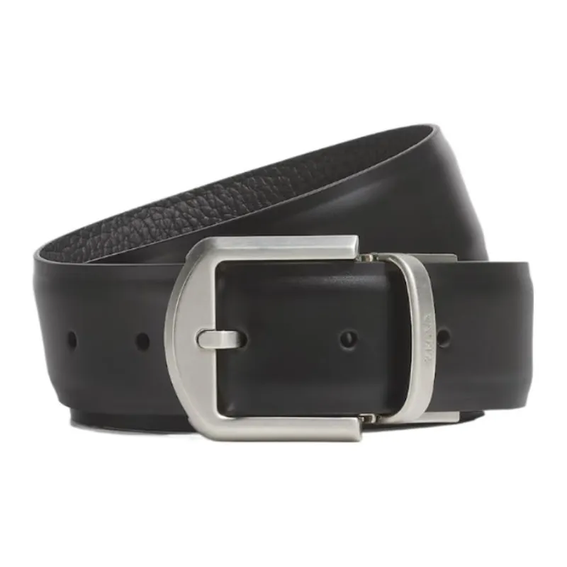Zegna Classic Logo Letter Embossed Reversible Pin Buckle Calfskin Leather Leather Belts Men's Black Width 3.5CM-0