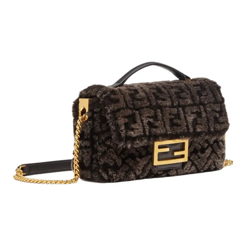 FENDI Baguette Sheep Wool And Lambskin Blend Portable Crossbody Bag Shoulder Bag Medium Size Women's Brown-1