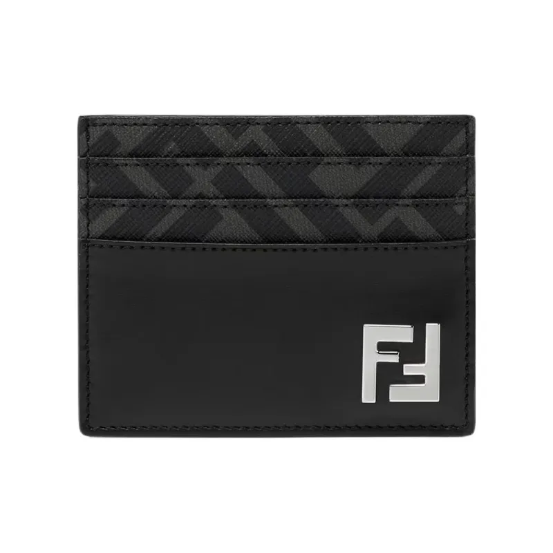 FENDI Calfskin With Cotton Card Holder Men's Black-0