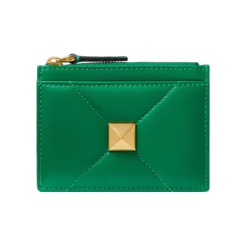 Valentino Roman Stud Quilted Nappa Leather Lambskin Card Holder Coin Purse Women's Green