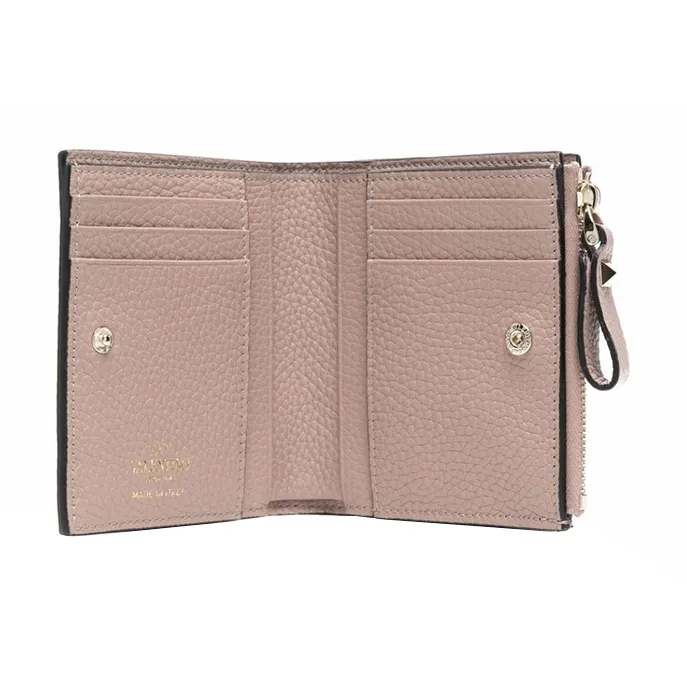 Valentino Rockstud Grain Calfskin Wallet, Coin Purse, Card Holder Trumpets Women's Pink-2