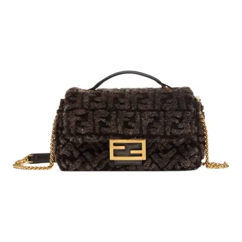 FENDI Baguette Sheep Wool And Lambskin Blend Portable Crossbody Bag Shoulder Bag Medium Size Women's Brown