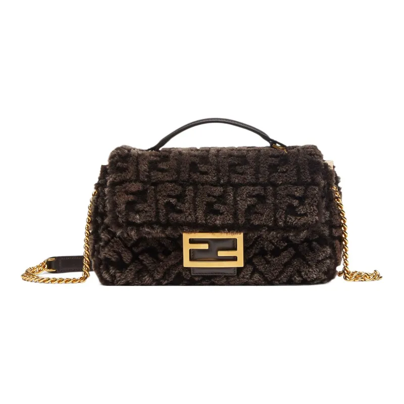 FENDI Baguette Sheep Wool And Lambskin Blend Portable Crossbody Bag Shoulder Bag Medium Size Women's Brown-0