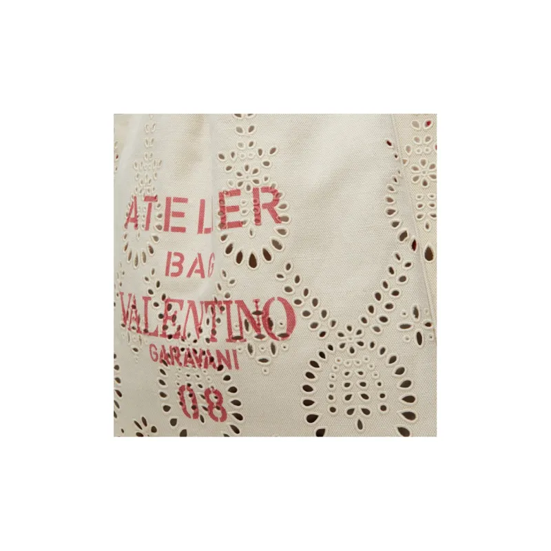 Valentino GARAVANI Canvas Canvas Bag Tote Bag Shopping Bag Handbag Large Size Women's Beige/Red-4