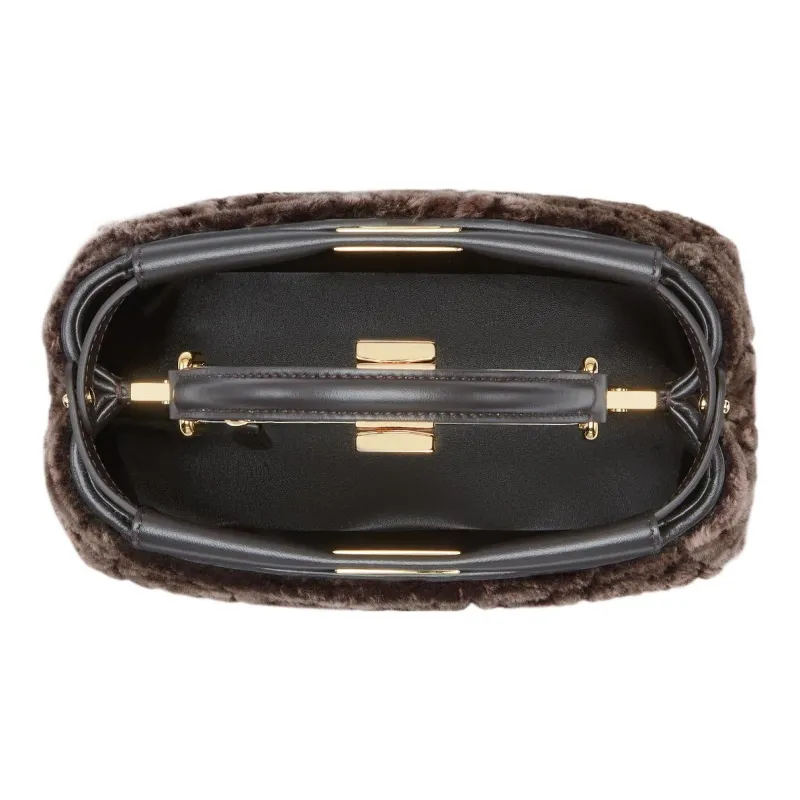 FENDI Peekaboo Sheepskin Lambskin Sheepskin Shoulder Bag Crossbody Bag Handbag Mini Women's Brown-3