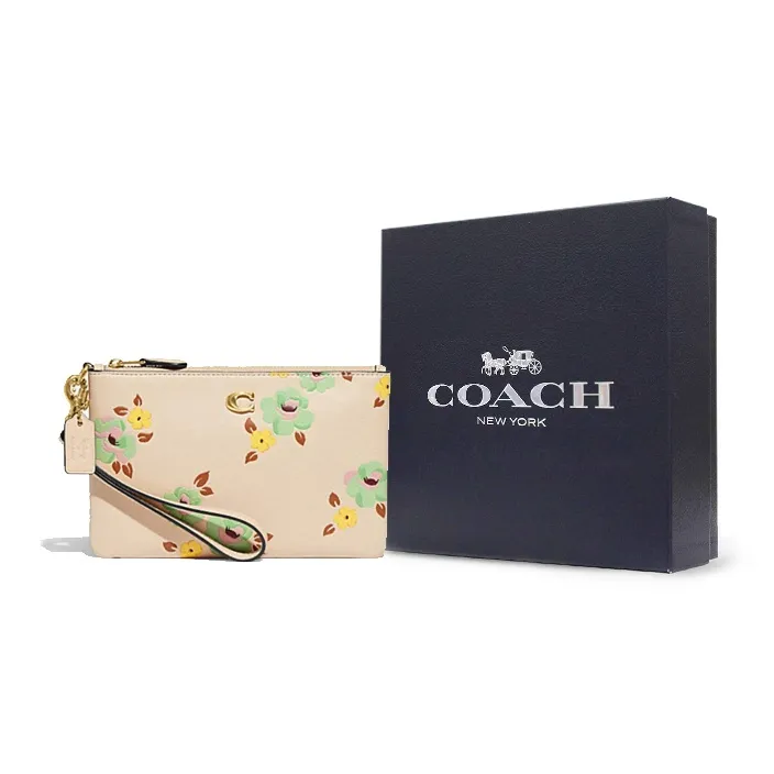 COACH Wristlet Cow Leather Wrist Bags Clutches Small Size Women's Beige Yellow-3