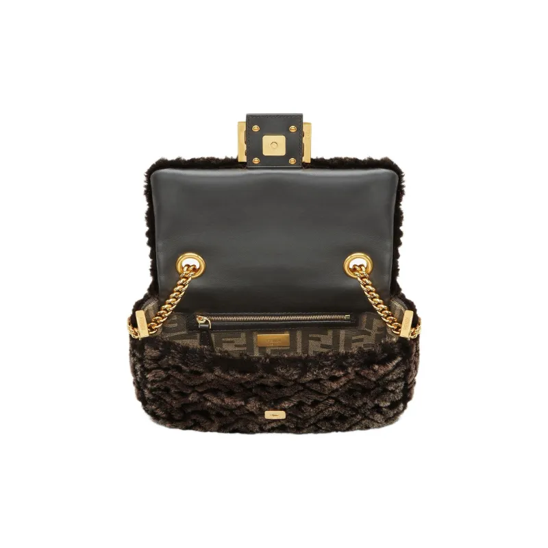 FENDI Baguette Sheep Wool And Lambskin Blend Portable Crossbody Bag Shoulder Bag Medium Size Women's Brown-3