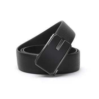 ELLE HOMME Automatic Buckle Belt For Men Top Grain Cow Leather, Alloy Buckle Belt Men's Black Width 3.55cm