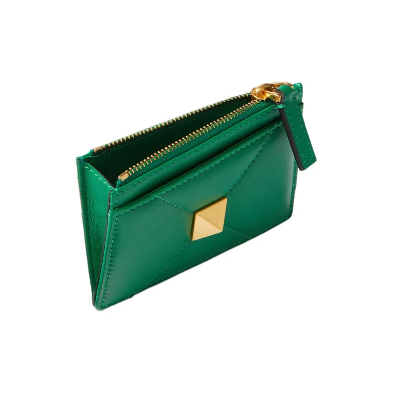 Valentino Roman Stud Quilted Nappa Leather Lambskin Card Holder Coin Purse Women's Green-3