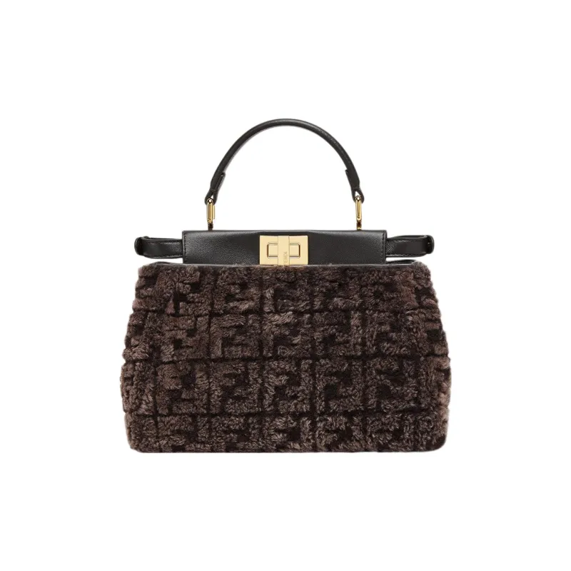 FENDI Peekaboo Sheepskin Lambskin Sheepskin Shoulder Bag Crossbody Bag Handbag Mini Women's Brown-0