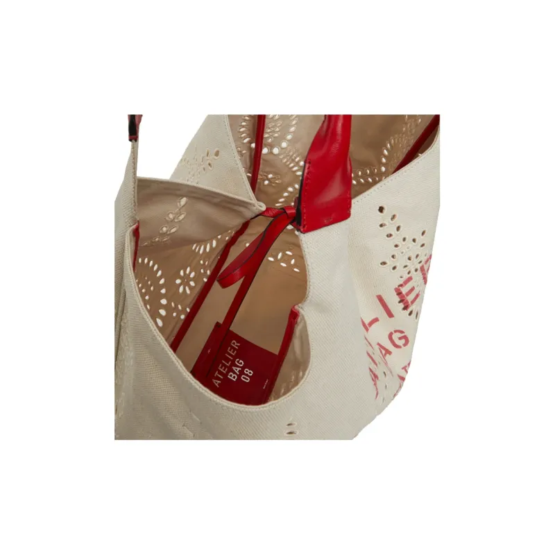 Valentino GARAVANI Canvas Canvas Bag Tote Bag Shopping Bag Handbag Large Size Women's Beige/Red-3
