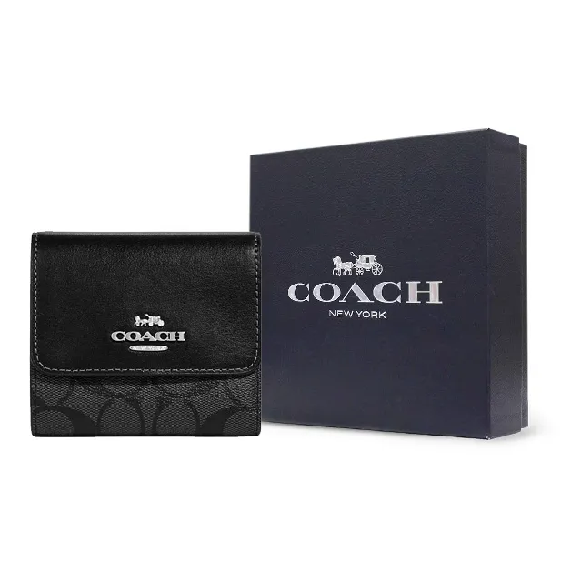 COACH Trifold Wallet Signature Coated Canvas With Smooth Leather Card Holder Wallet Small Size Men's Black-4