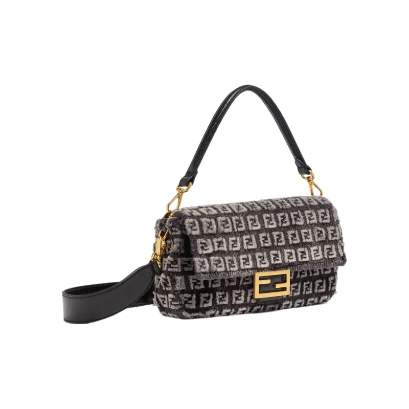 FENDI Baguette Mink Fur Shoulder Bag Crossbody Bag Handbag Medium Size Women's Gray-1