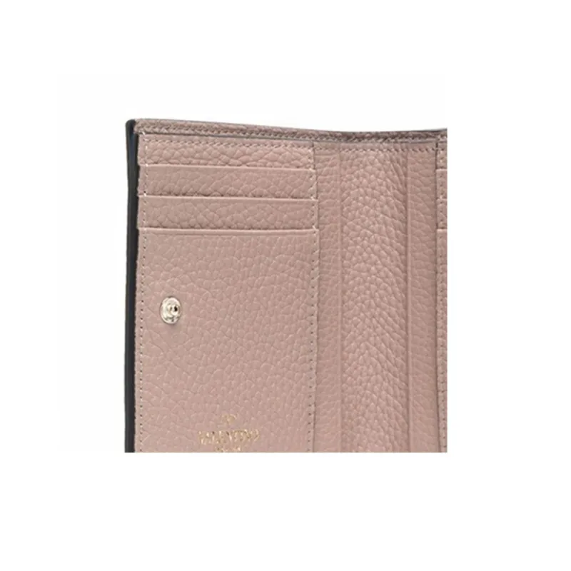 Valentino Rockstud Grain Calfskin Wallet, Coin Purse, Card Holder Trumpets Women's Pink-4