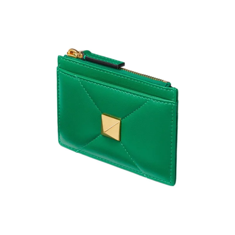 Valentino Roman Stud Quilted Nappa Leather Lambskin Card Holder Coin Purse Women's Green-2