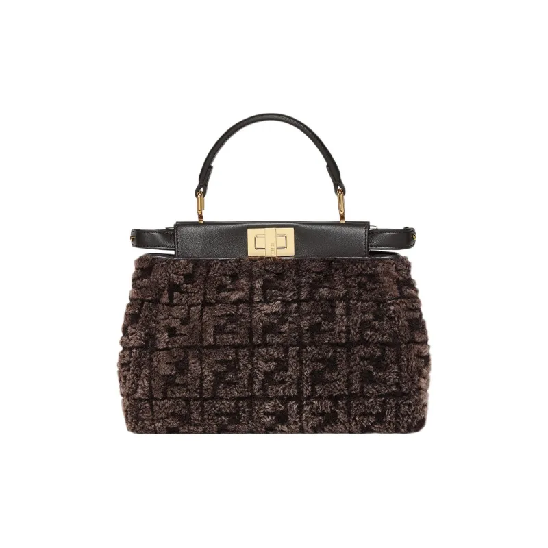 FENDI Peekaboo Sheepskin Lambskin Sheepskin Shoulder Bag Crossbody Bag Handbag Mini Women's Brown-2
