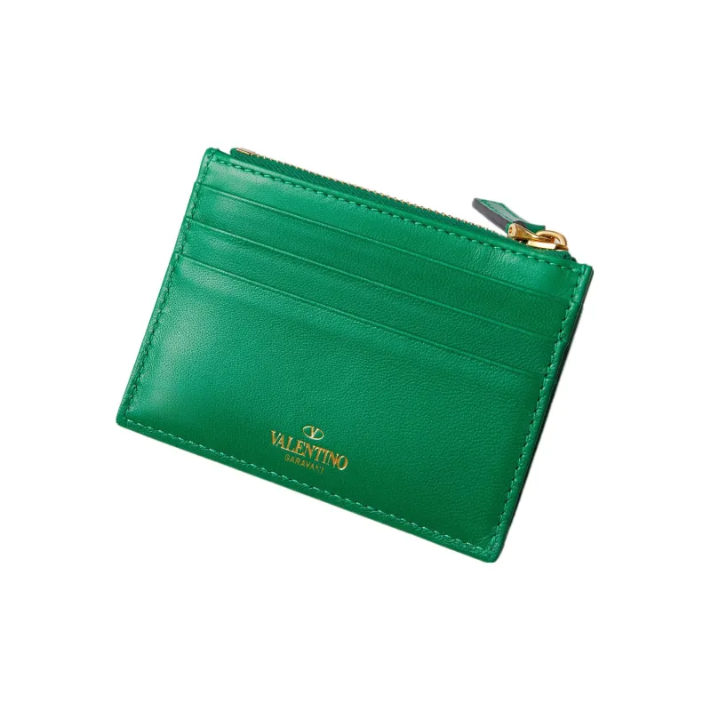 Valentino Roman Stud Quilted Nappa Leather Lambskin Card Holder Coin Purse Women's Green-1