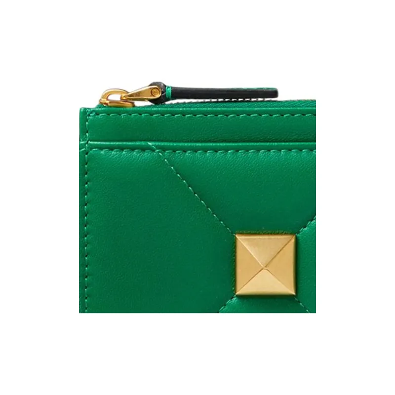 Valentino Roman Stud Quilted Nappa Leather Lambskin Card Holder Coin Purse Women's Green-4
