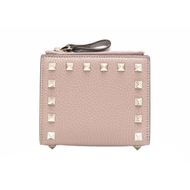 Valentino Rockstud Grain Calfskin Wallet, Coin Purse, Card Holder Trumpets Women's Pink-1
