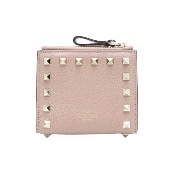 Valentino Rockstud Grained Calfskin Wallet Coin Purse Card Holder Small Size Women's Pink