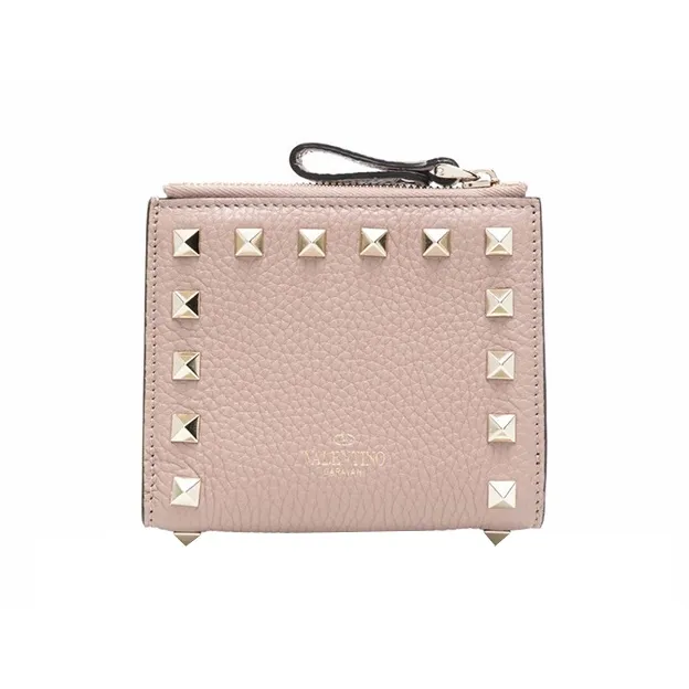 Valentino Rockstud Grain Calfskin Wallet, Coin Purse, Card Holder Trumpets Women's Pink-0