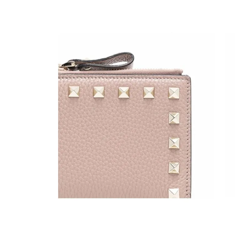 Valentino Rockstud Grain Calfskin Wallet, Coin Purse, Card Holder Trumpets Women's Pink-3