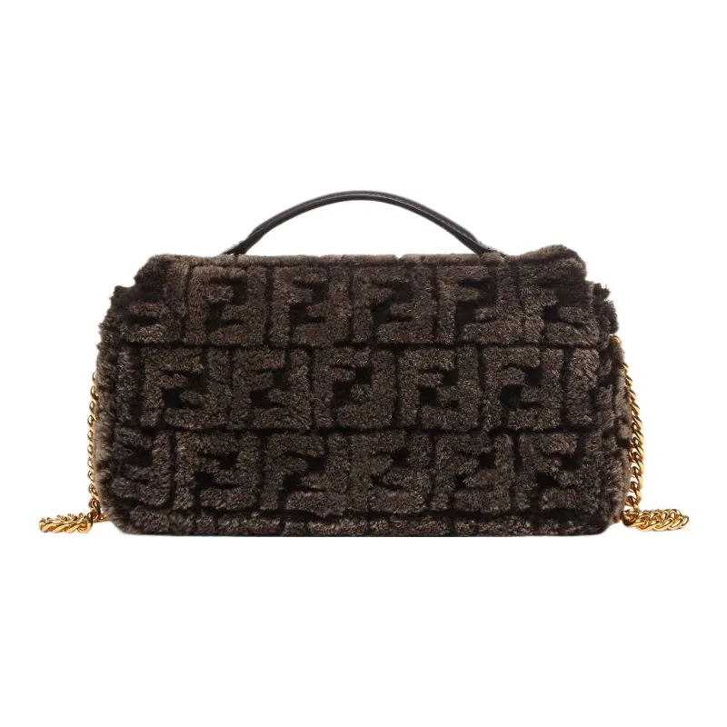 FENDI Baguette Sheep Wool And Lambskin Blend Portable Crossbody Bag Shoulder Bag Medium Size Women's Brown-2