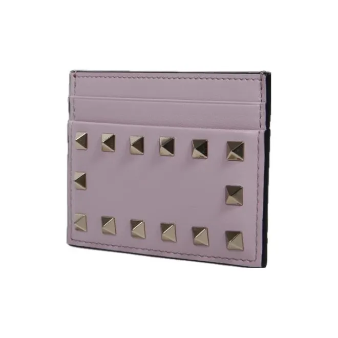 Valentino Rockstud Leather Card Holder Wallet Women's Pink Purple-1