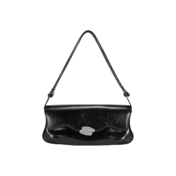 OMTO Cow Leather Baguette Bag Crossbody Bag Handbag Shoulder Bag Unisex Obsidian