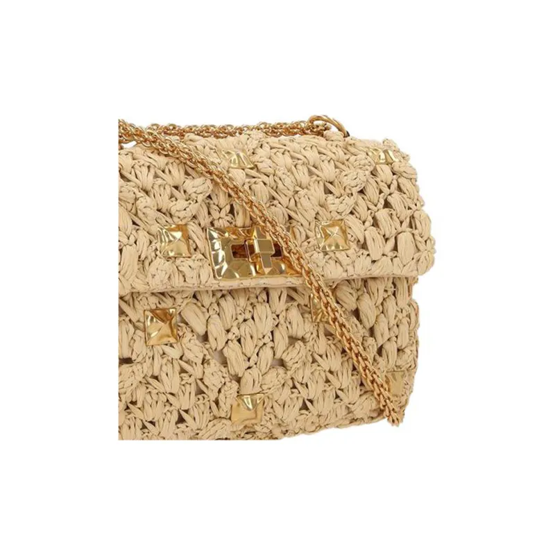 Valentino ROMAN STUD Raffia Fiber Handbag Shoulder Bag Crossbody Bag Medium Size Women's Light Brown-3