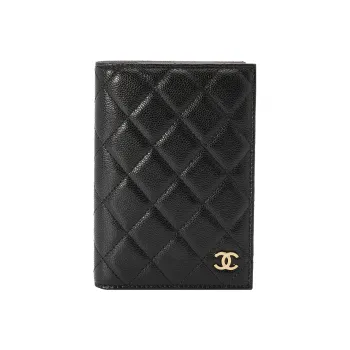 CHANEL Grained Litchi Cow Leather Passport And Card Holder Combo Women's Black