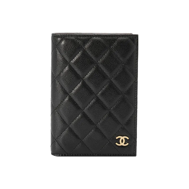CHANEL Grain Litchi Grain Cow Leather Passport Holder Card Holder Card Case Women's Black-0
